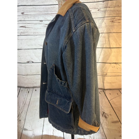 Vtg Eddie Bauer Denim Barn Chore Coat Women Trucker Jacket M Corduroy Collar - Picture 2 of 4